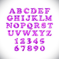 English alphabet and numerals from pink balloons on a white background. holidays and education