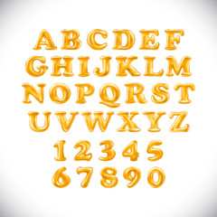 English alphabet and numerals from orange balloons on a white background. holidays and education
