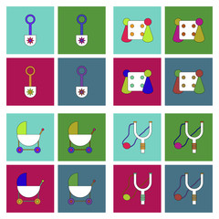 Set of kids toys in flet icons on color backgrounds