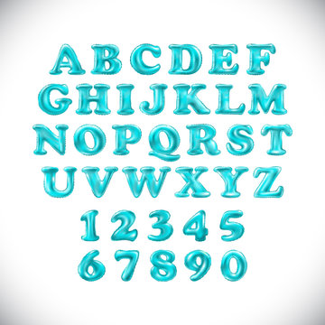 English alphabet and numerals from light blue balloons on a white background. holidays and education