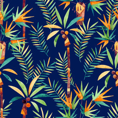 Fototapeta na wymiar Abstract watercolor palm trees and leaves seamless pattern.