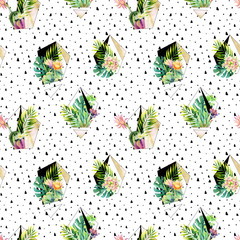 Watercolor exotic abstract terrarium plants seamless pattern