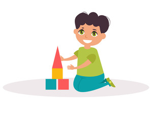 Boy builds a tower of cubes. Vector