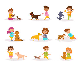 Children with different breeds of dogs