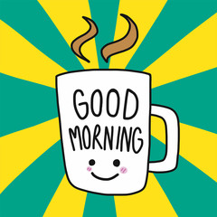 Good morning coffee word lettering smile face and white cup vector illustration