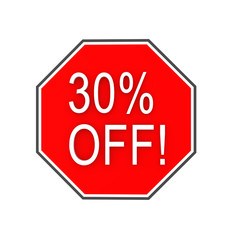 3D illustration of red sign saying 30% OFF