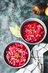 Healthy vegetarian beetroot soup. Top view.