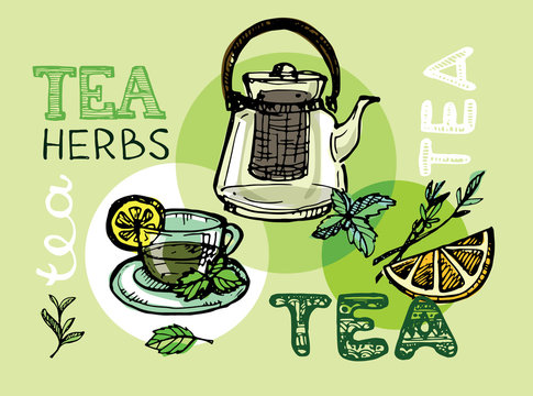 Hand drawn tea time collection. Cup and teapot. Vector illustration.