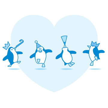 Blue Party Penguins on Blue Heart