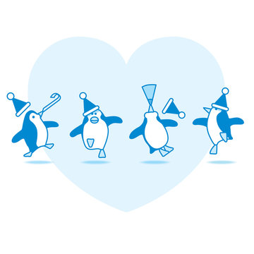 Dancing Santa Penguins Partying on Blue Heart
