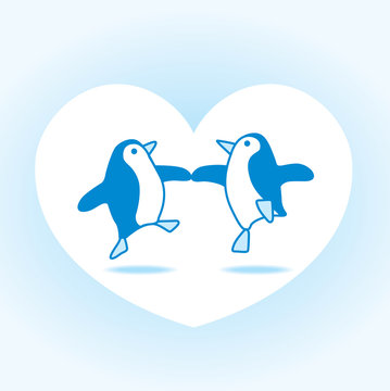 Two dancing Blue Penguins in White Love Heart