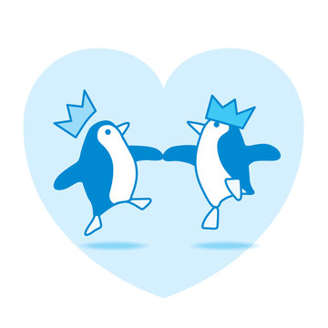 Two Dancing Penguins Partying on Blue Heart