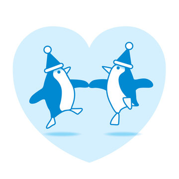 Two Dancing Santa Penguins Partying on Blue Heart