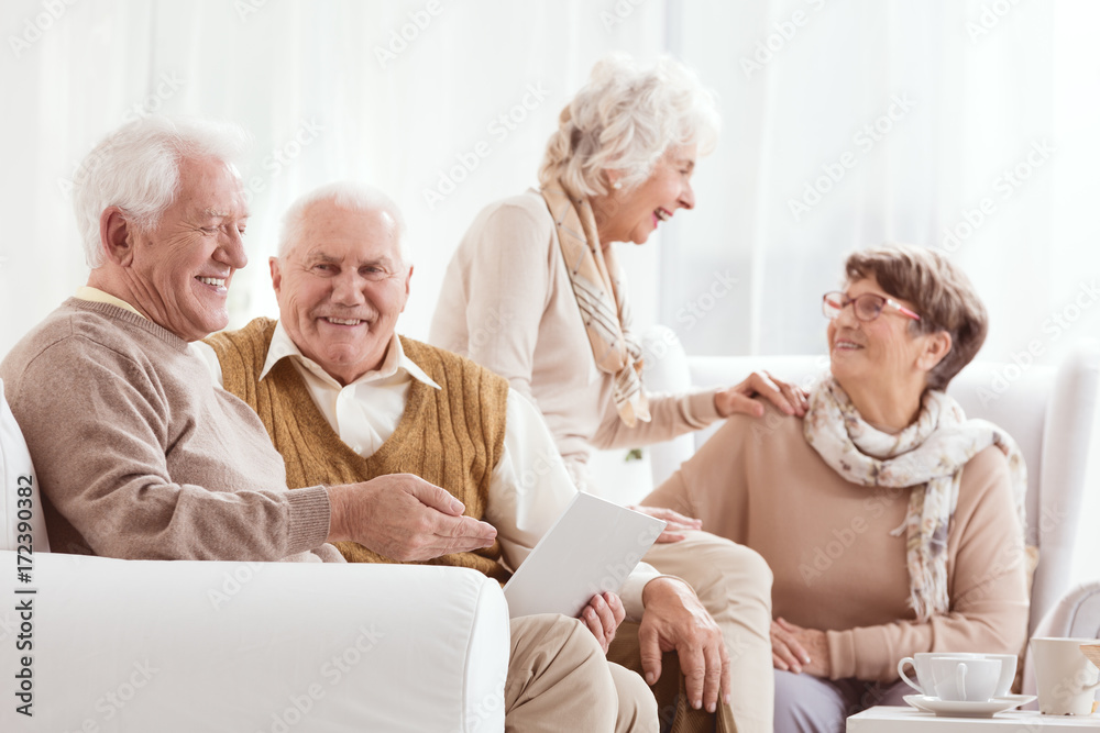 Poster elder woman talk with friend