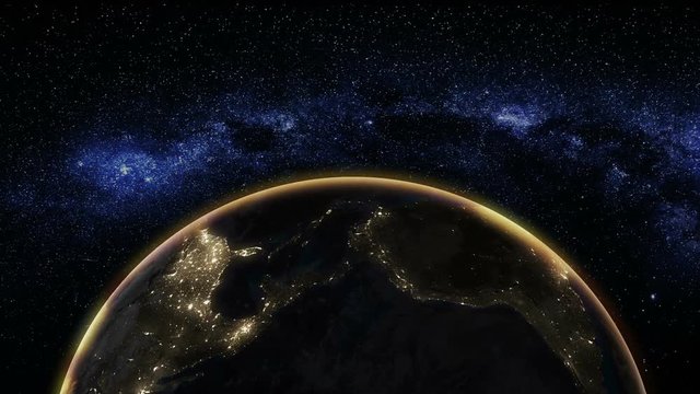 Sunrise view from space on Planet Earth. World rotating on its axis in black Universe in stars. Globe Horizon atmosphere. High detailed 4k 3D Render animation. Elements of this image furnished by NASA