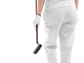 Woman holding golf club on white background