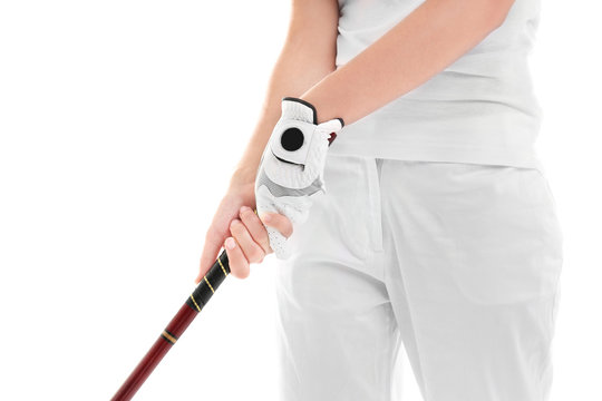 Woman Holding Golf Club On White Background, Closeup