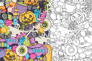 Halloween background. Holiday design elements. Template for flyer brochure banner advertisement. Outline coloring page. Vector illustration. 