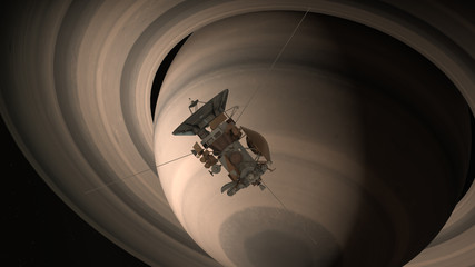 Satellite Cassini is approaching Saturn. Cassini Huygens is an unmanned spacecraft sent to the planet Saturn. CG animation. Elements of this photo furnished by NASA.