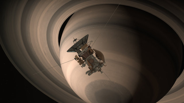 Satellite Cassini is approaching Saturn. Cassini Huygens is an unmanned spacecraft sent to the planet Saturn. CG animation. Elements of this photo furnished by NASA.