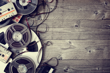 Old audio reels and cassette tape background