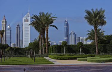 Fototapeta na wymiar View of the modern Dubai City skyline from the approach highway to the Zabeel Palace, Dubai City, United Arab Emirates 