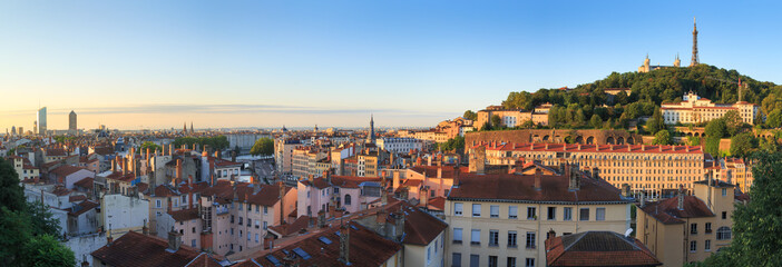 Summer sunrise over Vieux Lyon and Croix Rousse in the city of Lyon, France. - obrazy, fototapety, plakaty