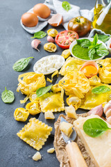 Italian food and ingredients, ravioli pasta tortellini pesto tomato sauce