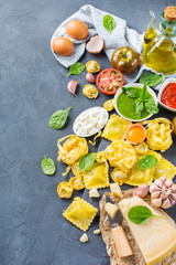 Italian food and ingredients, ravioli pasta tortellini pesto tomato sauce