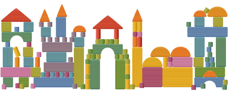 Toy blocks city skyline - fabulous buildings, towers, castles, churches and archways made of many pieces, colorful bricks, roofs, spires, pillars and archs. Vector illustration on white background.