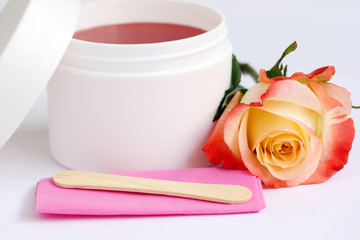 bodycare, depilation set: wax container, stick and rose