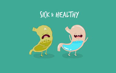 Sick and healthy stomach. Vector illustrations.