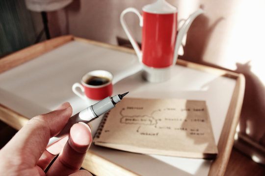 Good morning or Notes, Time management, Creative background, a Tea cup, Morning tea, Yoga and meditation, Healthy lifestyle