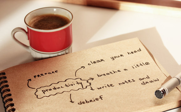 Good morning or Notes, Time management, Creative background, a Tea cup, Morning tea, Yoga and meditation, Healthy lifestyle