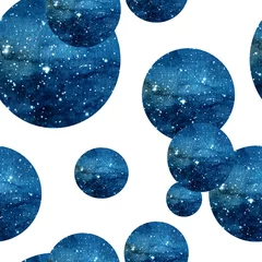 Tapeten Nahtloses Muster von Aquarell dunklem Himmel und Sternen in Kreisen auf weißem Hintergrund © Khaneeros