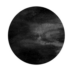 Black and white of night sky with stars, universe, space texture. Watercolour cosmos circle.