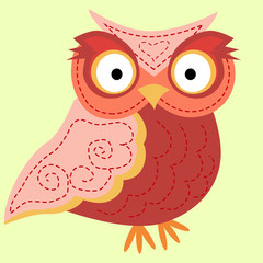 Strict, angry owl with a turned head, a pattern on the wings and a pussy. Cute pink and grey cartoon owl for baby showers, birthdays and invitation designs