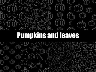 Fototapeta na wymiar Autumn set of seamless pattern with pumpkins and leaves. White contours of leaves and pumpkins on a black background. Vector illustration