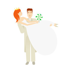 Fototapeta na wymiar vector groom groom carrying bride holding her in his arms flat cartoon illustration isolated on a white background. Wedding concept character design