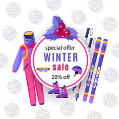 vector winter sale poster template. Winter active outdoor sport elements - mountain ski with sticks, boots, goggles and outdoor sport clothing. Decorated flyer banner Illustration on white background.