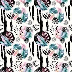 Foto op Plexiglas Aquarel natuur Abstract natuurlijk naadloos patroon geïnspireerd door de stijl van Memphis. Cirkels gevuld met tropische bladeren, doodle, grunge textuur, ruwe penseelstreken. Handgeschilderde aquarel illustratie