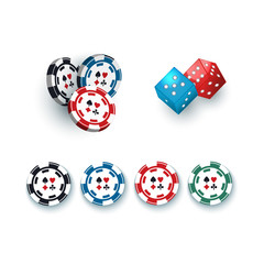 Set of casino, gambling devices - chips, tokens and dices, vector illustration isolated on white background. Group of gambling dices and casino chips, tokens on white background