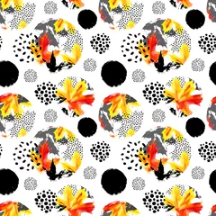 Poster Herfstbladeren aquarel naadloze patroon. Hand getekende esdoornblad, doodle, grunge, Krabbel texturen in cirkels. Natuurlijke achtergrond voor herfstontwerp. Aquarel illustratie © Tanya Syrytsyna