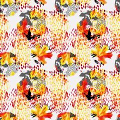 Herfstbladeren aquarel naadloze patroon. Hand getekende esdoornblad, doodle, grunge, Krabbel texturen in cirkels. Natuurlijke achtergrond voor herfstontwerp. Aquarel illustratie