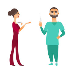 vector flat cartoon adult man, woman doctor, physician or nurse in medical clothing with , keeping syringe, clipboard smiling set. Isolated illustration on a white background.