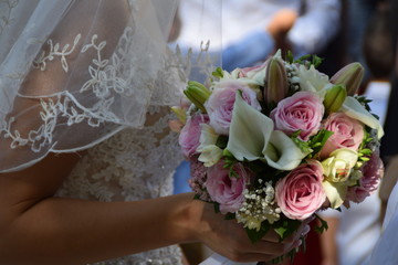 Biedermeier in the hands of a bride, close up