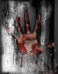 Steam room apocalypse,3d illustration of person hand against wet glass with condensation effect,Horror background,mixed media  - obrazy, fototapety, plakaty