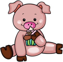 Naklejka premium Cute pig eating cupcake