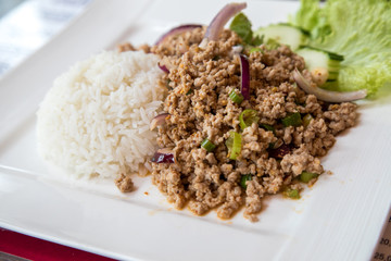 Laab Moo Thai-Salat mit Schweinehackfleisch und Reis