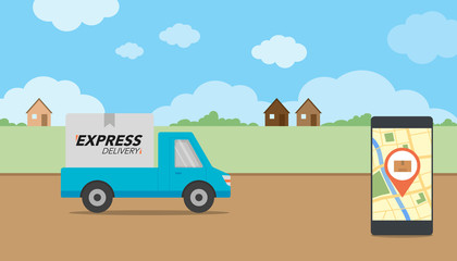 Express delivery concept. Delivery service app on mobile phone. Delivery pickup and mobile phone with city background. © n.ko.studios